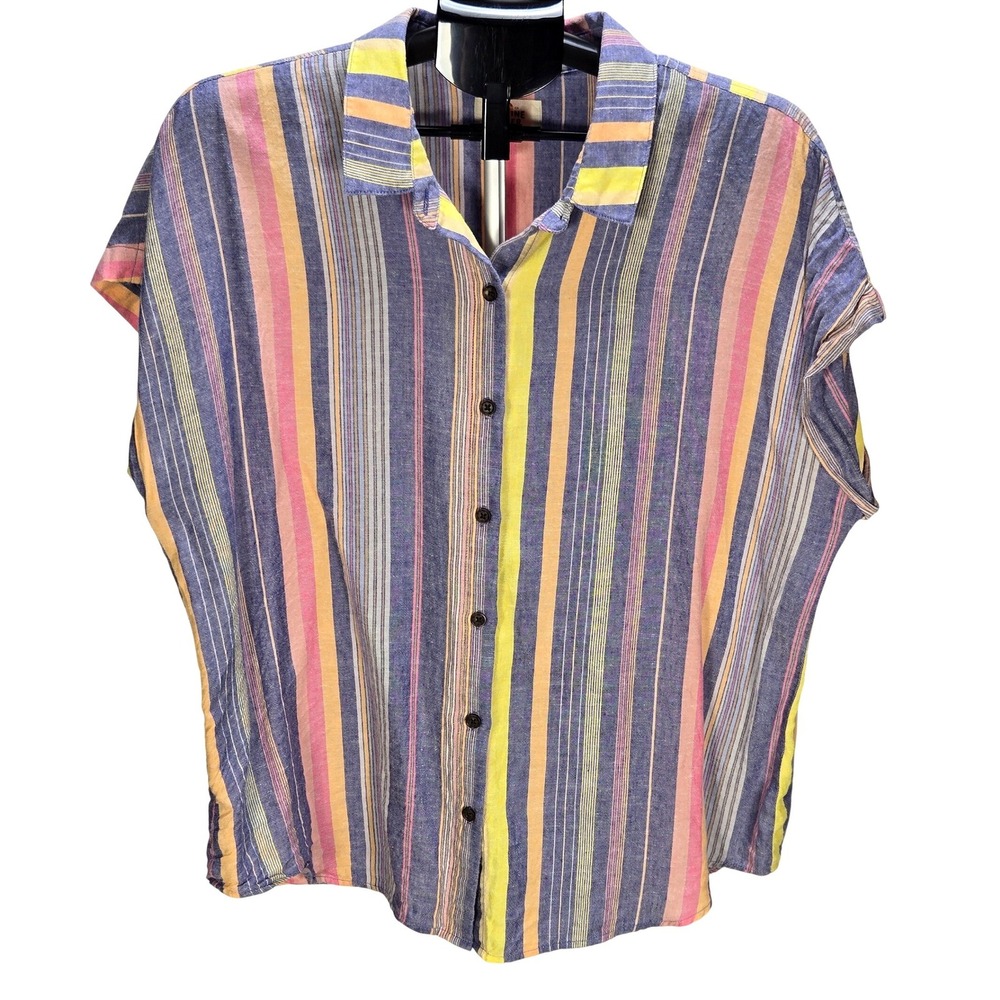 Women's Marine Layer Dana XL Striped Button Down Cap Sleeve Linen Blend Top
